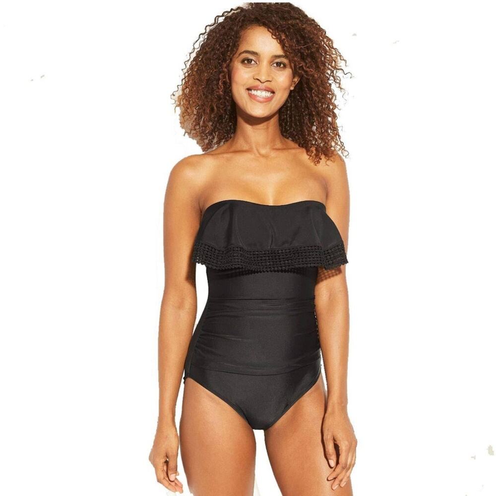Kona Sol Swimsuit One Piece Black Crochet Flounce Strapless Small NEW